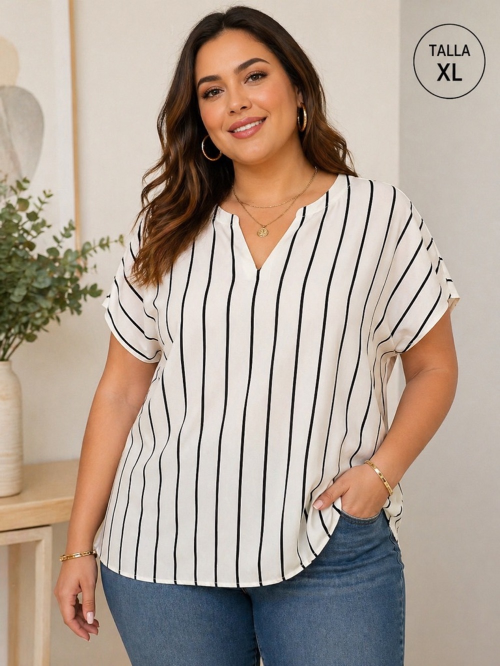 SHEIN Curve 1XL White Black Stripe V-Neck Short Sleeve Blouse Top Women's